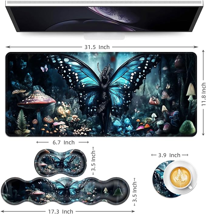 Keyboard Mouse Pad Set Extended Gaming Mouse Pad+Ergonomics Keyboard Wrist Rest Support Memory Foam Easy Typing Pain Relief 4Pcs XL Ultra Thick Desk MatButterfly Mushroom