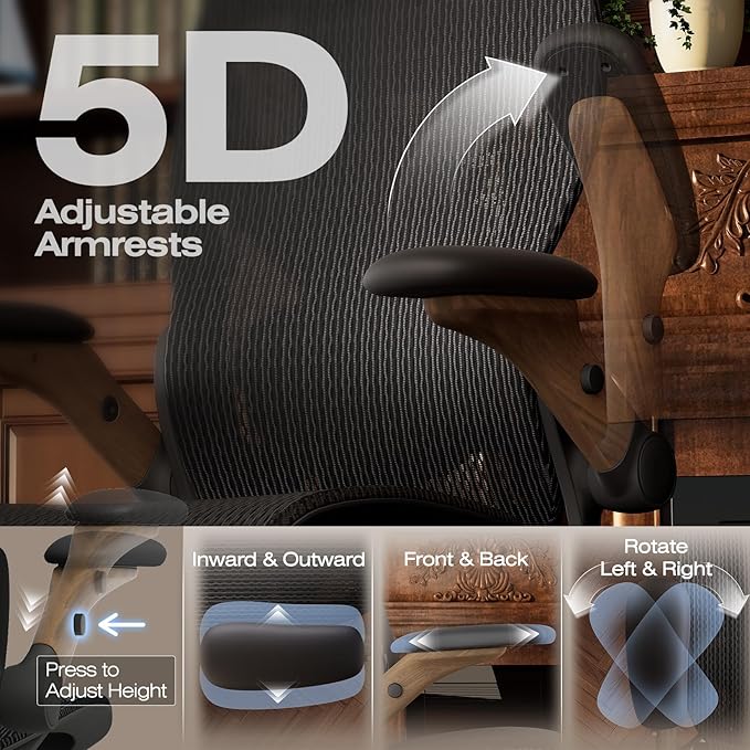 ELABEST X100 Ergonomic Office Chair with Footrest Big and Tall Home Desk Chair with 5D Flip-Up Arms Adjustable 3D Lumbar SupportHigh Back Rolling Computer Chair Swivel Mesh Chairs (Library Oak)