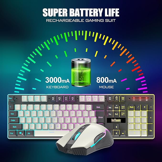 RedThunder K10 Pro Wireless Gaming Keyboard and Mouse Combo RGB Backlit Rechargeable 3800mAh Battery Mechanical Feel Anti-ghosting Keyboard + 7D 3200DPI Mice for PC Gamer(White Gray)