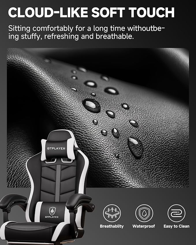 GTPLAYER Gaming Chair for Adults Ergonomic Computer Gaming Chair with Footrest Height Adjustable 90-155° Recline &amp Removable Headrest Lumbar Support Snow White