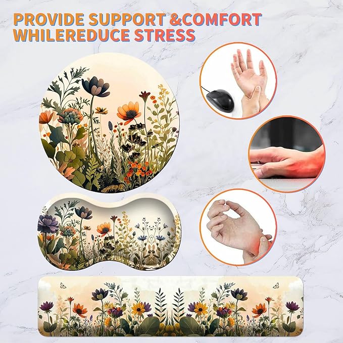 Mouse Pad with Wrist Rest + Keyboard Wrist Rest + Gaming Mouse Pad + Coasters Ergonomic Memory Foam Wrist Pad Set with Easy Typing &amp Pain Relief for Computer Laptop Office &amp Home - Floral Flow