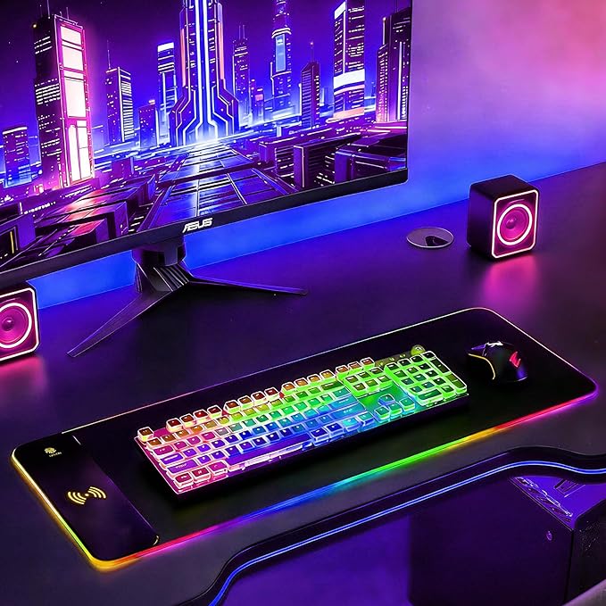 15W Wireless Charging RGB Gaming Mouse Pad XXL Large Desk Mat (31.5 x 11.8 x 0.16) with 13 Light Modes Compatible with iPhone 17/16/15/14/13/12/11 Samsung S23 and AirPods