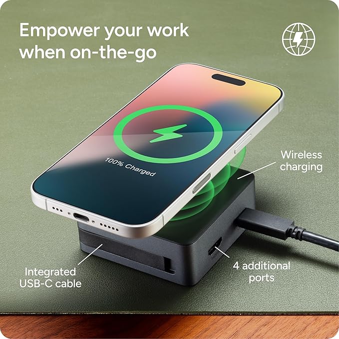 ZAGG 4-Port Hub with Wireless Charging - USB-C PD 100W HDMI 4K USB 10Gbps High-Speed Charging &amp 4K Display for Travel Compatible w/Windows macOS iPadOS ChromeOS Android