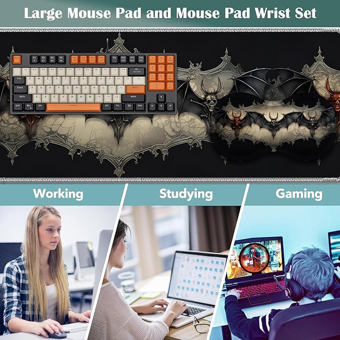 Large Game Mouse Pad + Wrist Support Pad + Coffee Coaster Desk Pad with Sewn Edges Anti-Slip Set pad Suitable for Office Work and Home - Neo Bats