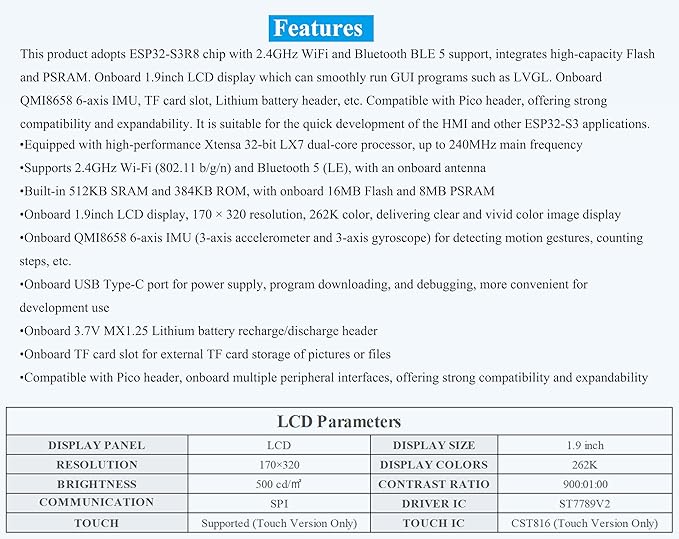 ESP32-S3 1.9inch Touch LCD Display Development Board 170x320 Pixels 262K Color 32-Bit LX7 Dual-Core Processor Supports 90° Hardware Rotation ESP32 with DisplayMultiple Peripheral Interfaces