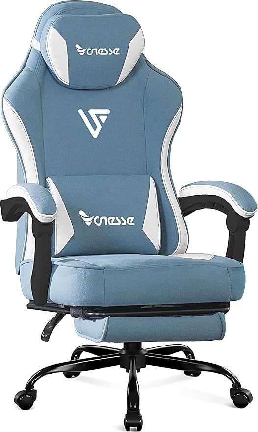 Vonesse Gaming Chair Computer Chair Fabric with Pocket Spring Cushion Office Chair with Footrest and Massage Lumbar Support Reclining Gaming Chairs for Adults 250LBS (Blue)