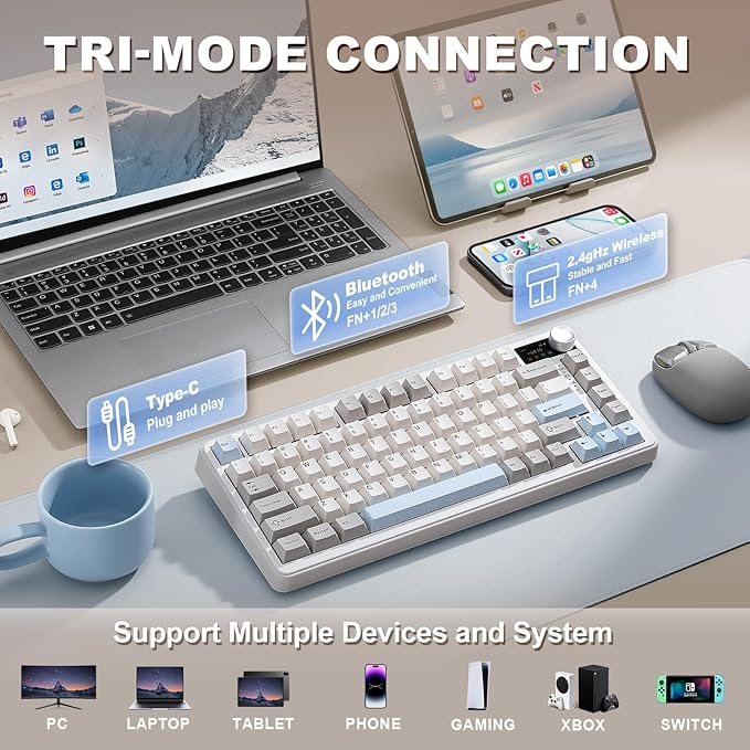 YUNZII B75 PRO MAX QMK/VIA Wireless Mechanical Keyboard75% Layout with Screen and KnobCustom Hot Swap GasketCreamy Pre-lubed SwitchesBluetooth/Type-C/2.4G for Win/Mac (BeigeCocoa Cream V2 Switch)