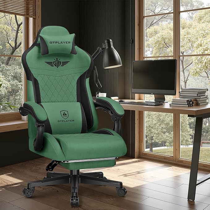 GTPLAYER Gaming Chair with Footrest Big and Tall Game Chair High Back Computer Office Chair with Lumbar Support for Adults Ergonomic Swivel Games Chair with Cushion Gaming Fabric Green