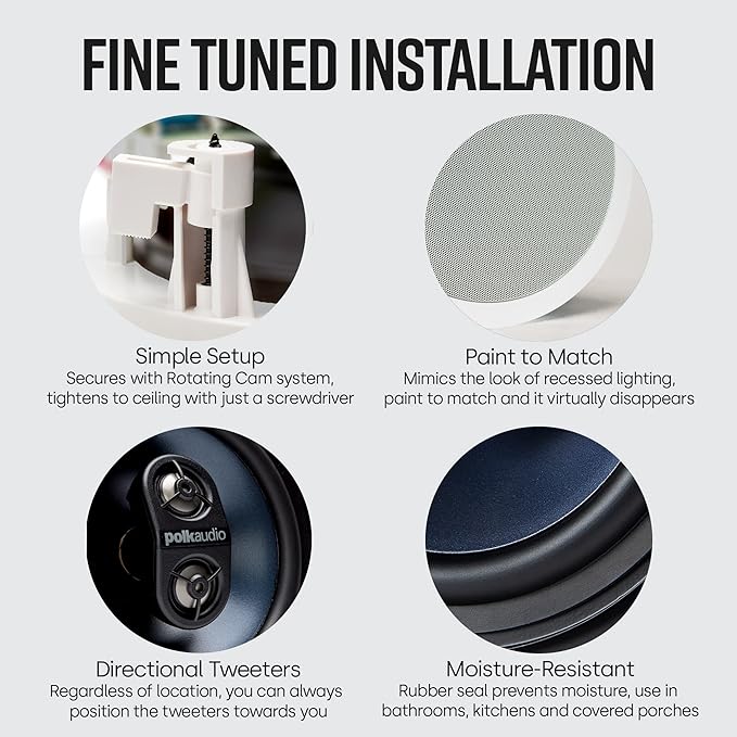 Polk Audio RC6s in-Ceiling 6.5 Stereo Speaker | Dual Channel from a Single Location | Perfect for Damp and Humid Indoor/Outdoor Placement - Bath Kitchen Covered Porches (White Paintable Grille)