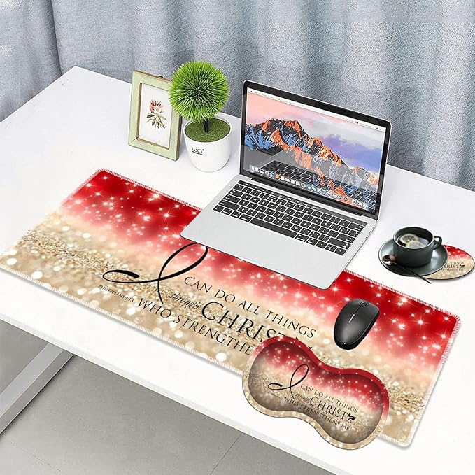 3 Piece Mouse Pad Set with Stitched Edge Large Anti-Slip Mouse Pad Desk Pad Keyboard Pad + Wrist Rest Pad + Coaster Memory Foam Wrist Rest for Office/Home - Bible Verse Pink Philippians 4-13