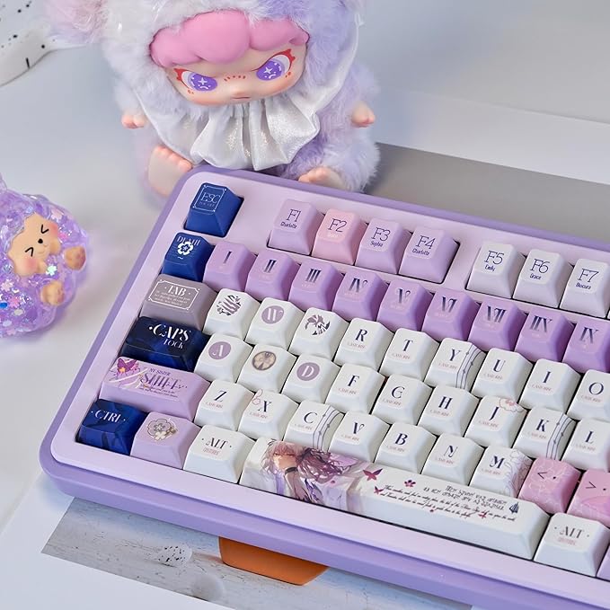 PBT Custom Keycaps 130 Keys Japanese Anime Purple Keycaps Cherry Profile Dye Sublimation Keycap Manga Style Key Cap Set for 60% 65% 75% TKL 100% Mechanical Keyboard