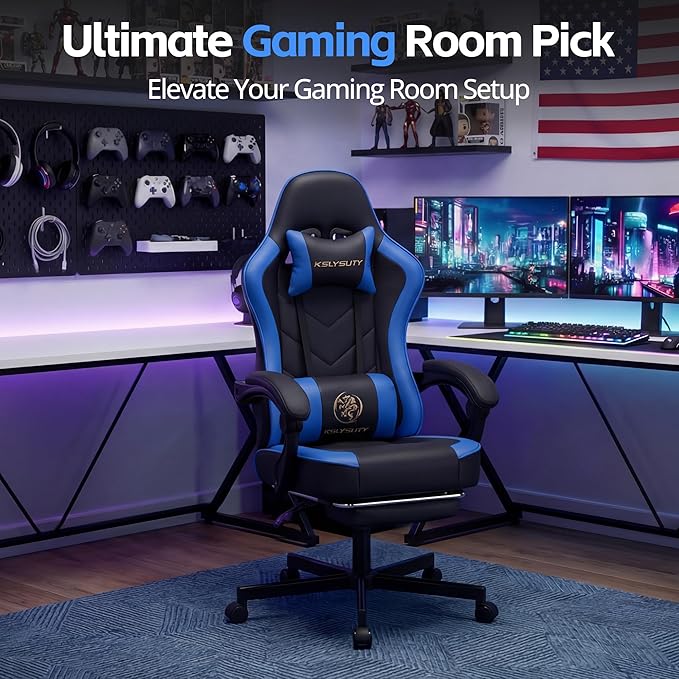 Desk Computer Gaming Chair - High Back Ergonomic Office Chair with Footrest and Lumbar Support Swivel Comfy Home Gamer Video Game Chairs with Pocket Spring Cushion for Adults (Blue Leather)