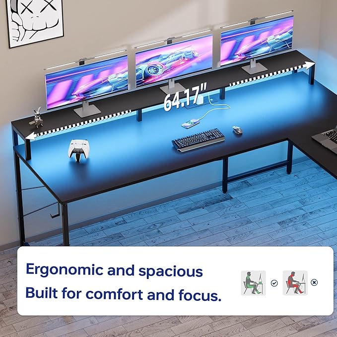 Pamray 64 Inch L Shaped Gaming Desk with Power Outlets and Led Lights Large Corner Computer Desk with Monitor Stand and Pegboard PC Table for Home Office and Bedroom Vintage