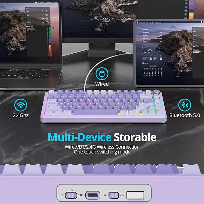 Fogruaden M75 Wireless Creamy 75% Mechanical Gaming Keyboard RGB Hot Swappable Custom Purple Gasket Pre-lubed Linear White Switches Bluetooth/2.4GHz/USB-C Five-Layer Pad&ampKnob