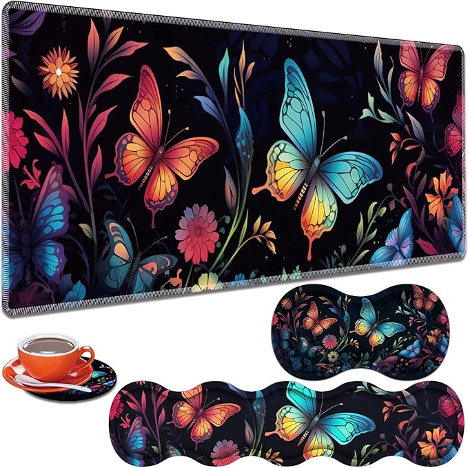Large Gaming Table Pad 31.5 x 11.8 + Keyboard Wrist Pad + Mouse Wrist Pad + Coaster Non-Slip Base 4-in-1 Set Ergonomic Memory Foam Easy Typing Pain Relief Colorful Butterfly Moon Pattern Black