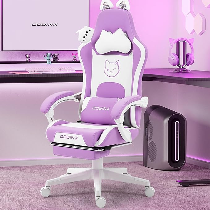 Dowinx Gaming Chair Cute with Cat Ears and Massage Lumbar Support Ergonomic Computer Chair for Girl with Footrest and Headrest Comfortable Reclining Game Chair 290lbs for Adult Teen Purple
