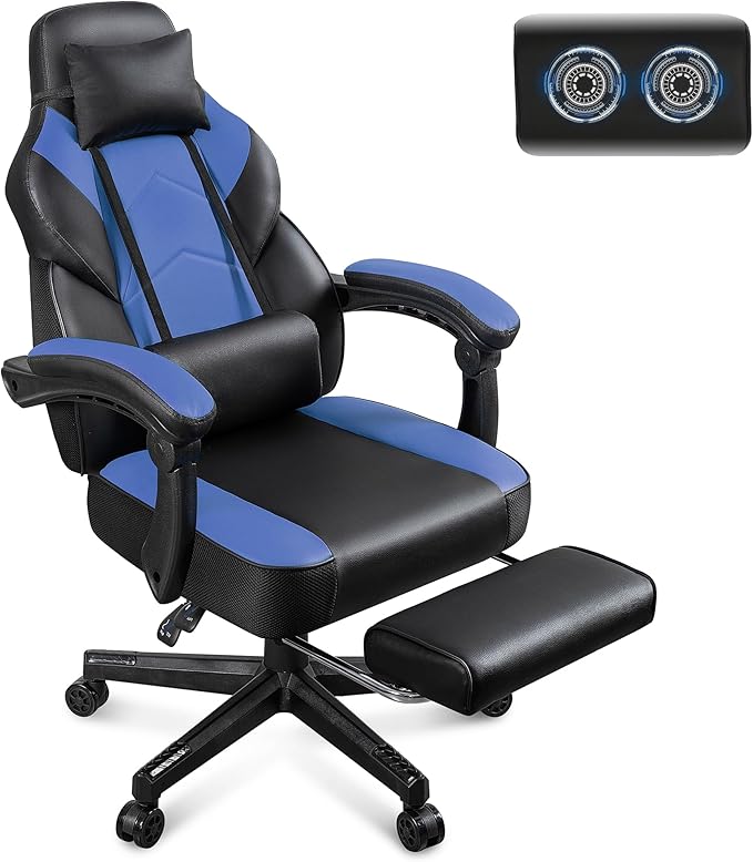 Gaming Chair for Adults Gaming Chairs with Footrest Ergonomic Video Game Chair with Massage Lumbar Big and Tall Computer Chair Height Adjustable with Headrest and 360° Swivel Seat Blue