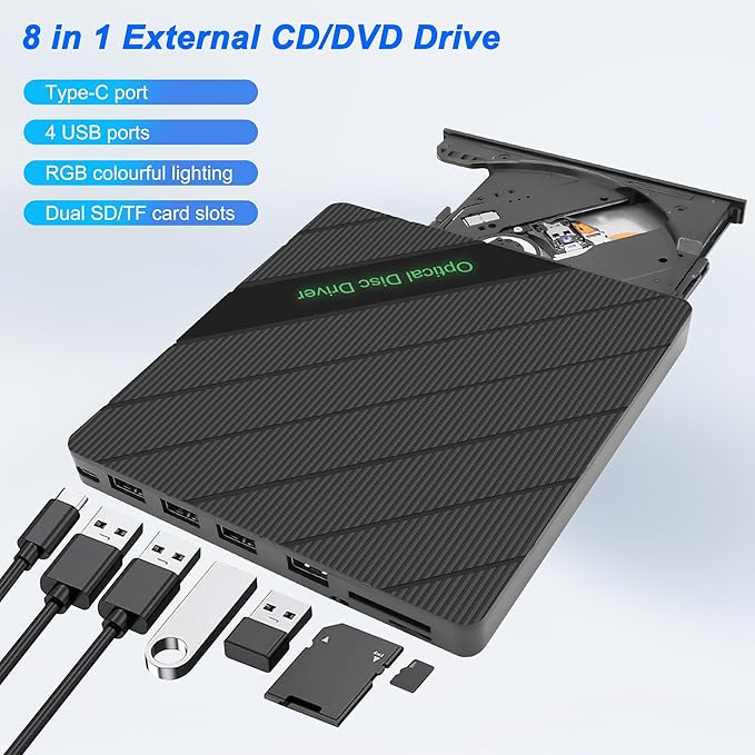 XMSJSIY External CD/DVD Drive for Laptop USB 3.0 Type-C Portable CD/DVD ROM +/-RW Drive Burner Writer Player Reader Disk Duplicator with USB 3.0/Type-C/SD/TF Card Ports 8 in 1 for Desktop PC Mac