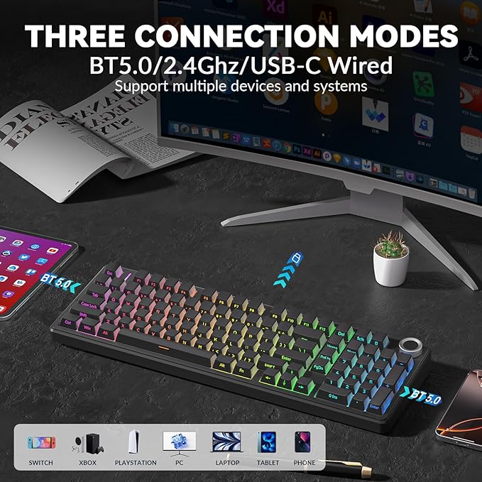 AULA F99 Pro Wireless Mechanical Keyboard-Silent VersionBT5.0/2.4GHz/USB-C Hot Swappable Custom KeyboardGasket StructurePre-lubed Linear Switches RGB Backlit Computer Gaming KeyboardsBlack