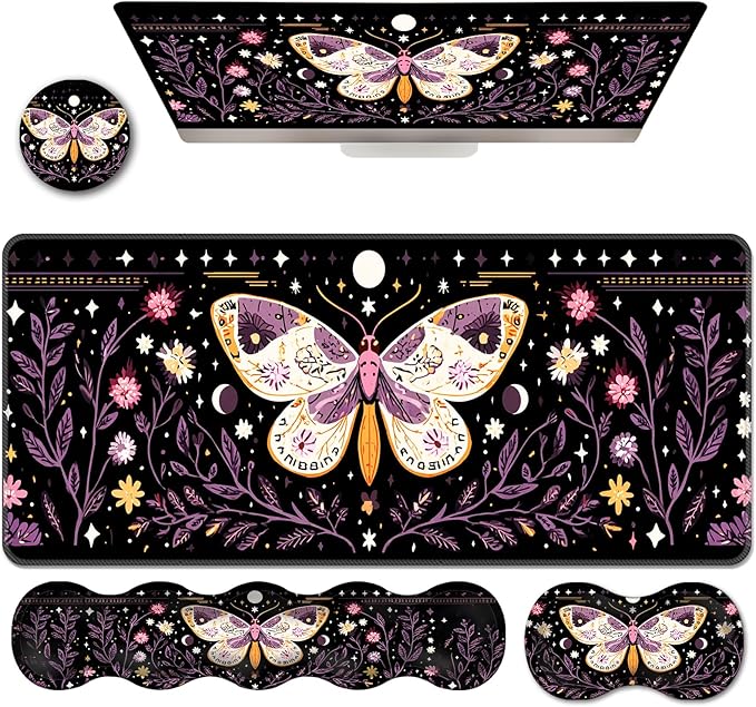 Ergonomic Keyboard Wrist Rest &amp Mouse Pad Wrist Rest SetXL Gaming Desk Mat 31.5x 11.8Non-Slip BaseMemory FoamEasy Typing Pain Relief for Office &amp HomePurple Floral Moth