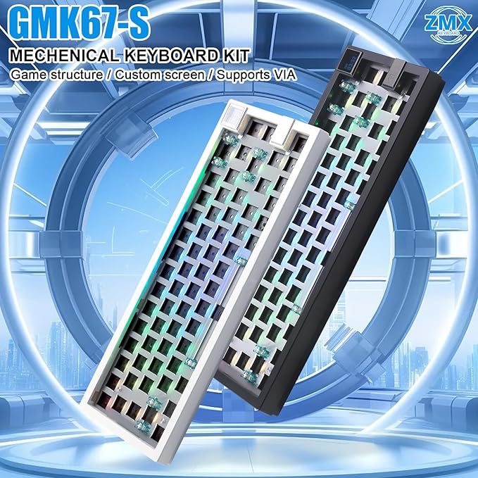 GMK67S Keyboard Barebones Kit65% Gasket Mount Hot Swap PCB Tri-Mode BT5.0/2.4G/Type-C Wireless Mechanical Keyboard with TFT-LCD Screen VIA Programmable Custom RGB Gaming Keybaord DIY Kit (Black)