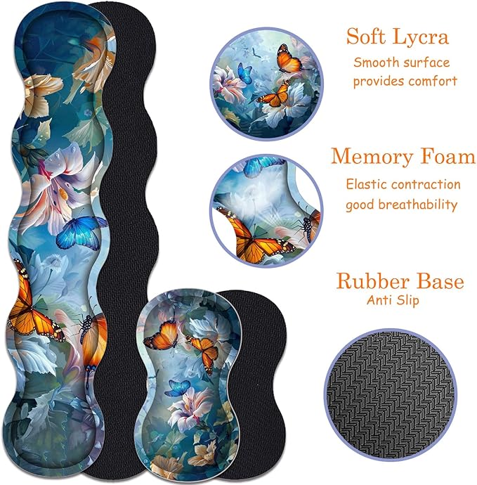 Large Gaming Mouse Pad + Keyboard Wrist Rest + Wrist Support + Coaster Set Memory Foam Ergonomic for Easy Typing XXL Extended Gaming Mouse Pad Table Pad - Painting Butterfly
