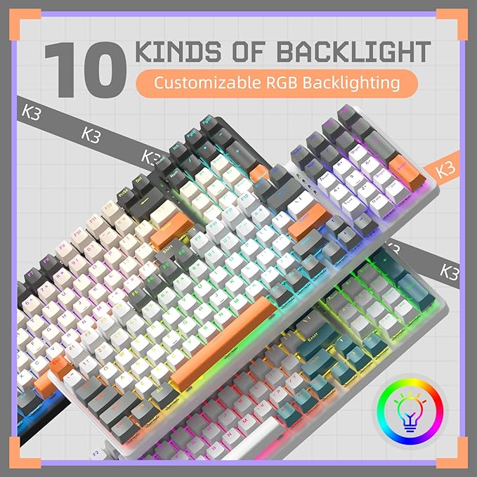 ZIYOU LANG K3 Mechanical Wired Gaming KeyboardLED Rainbow Backlit Linear Red Switch 100 Keys Full Anti-ghostingErgonomic Durable ABS Mixed Color Keycaps with Coiled Type-C to USB Cable-White