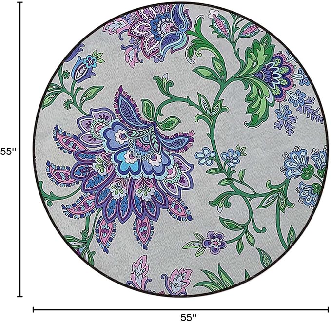 Multicolor Round Area Rug Machine Washable Non Slip Indoor Sofa Floor Area Mat Carpet for Living Room Sofa Bedroom Nursery Decor Vintage Style Ornamental Flower Motifs Diameter 55 in