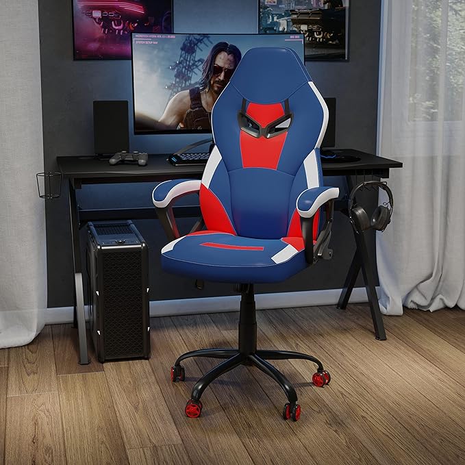 Flash Furniture Stone Ergonomic PC Office Computer Chair - Adjustable Red &amp Blue Designer Gaming Chair - 360° Swivel - Red Dual Wheel Casters