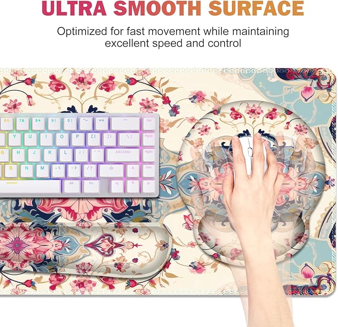 Gaming Mouse Pad Large Desk Mat Cute Desk Pad Protector 4in1 XXL Mousepad + Keyboard Wrist Rest+Mouse Wrist Rest+Coaster Set with Ergonomic Desk Pad for Home Office Computer Retro Style Pattern