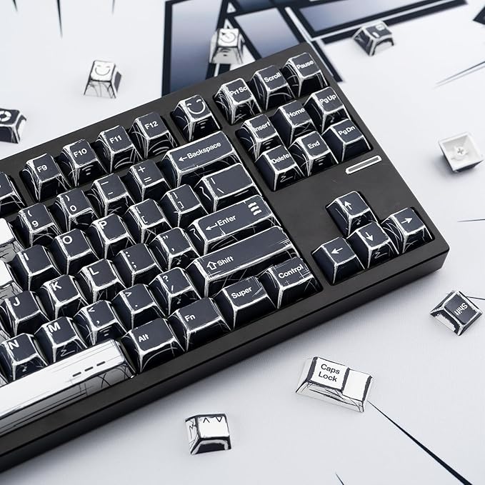 Black and White Manga Theme Keycaps 136 Keys Dye-Sublimation PBT Custom Keycap Set Cherry Profile Keyboard Keycaps for 60% 65% 70% 75% 100% Cherry Gateron MX Switches Mechanical Keyboard
