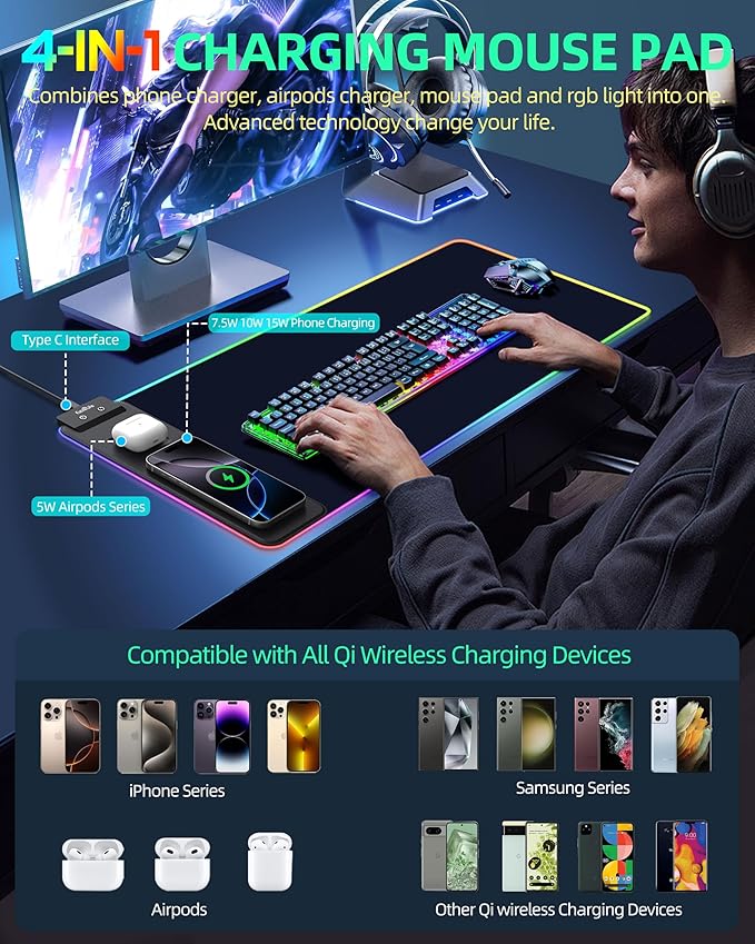 ExtreLife Wireless Charging Mouse Pad RGB Gaming Mousepad 31.5x11.8 Extra Large Desk Mat 13 Light Modes Ultra-Smooth Surface Non-Slip Base Waterproof Computer Keyboard Pad for Laptop Black