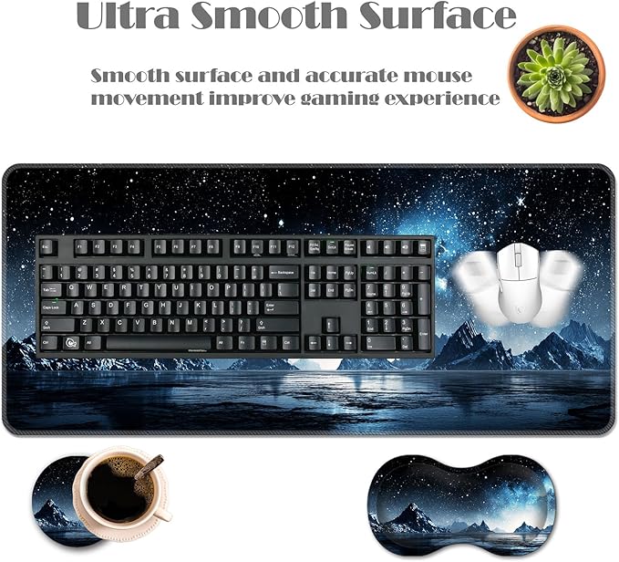 Ergonomic Keyboard Wrist Rest &amp Mouse Pad Wrist Rest SetXL Gaming Desk Mat 31.5x 11.8Non-Slip BaseMemory FoamEasy Typing Pain Relief for Office &amp HomeMountain Lake Galaxy