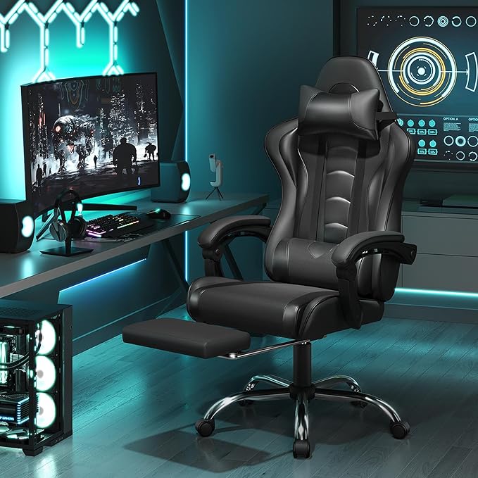 Yaheetech Gaming Chair Video Game Chair with Massage Lumbar Support and Footrest Height Adjustable Ergonomic Computer Chair with Swivel Seat and Headrest Full Black