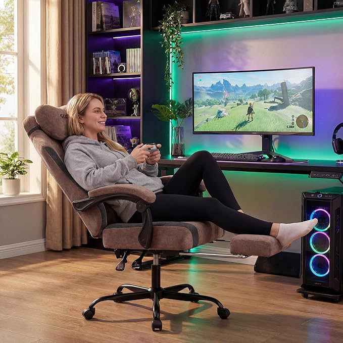 SUKIDA Fabric Video Gaming Chair Ergonomic High-Back Computer Game Chairs with Large Massage Adjustable Lumbar Support Headrest and Linked Armrests for Long Hours Sitting Task Chair Brown