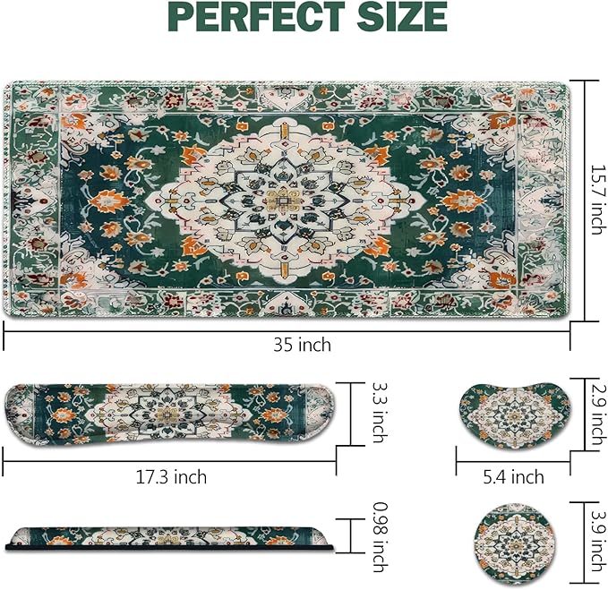AIMSA Desk Mat Set Large Mouse Pad + Mouse Wrist Rest + Keyboard Wrist Support + Coaster 4in1 Rug Gaming Mouse Pad Combo for Home Office Retro Boho Art