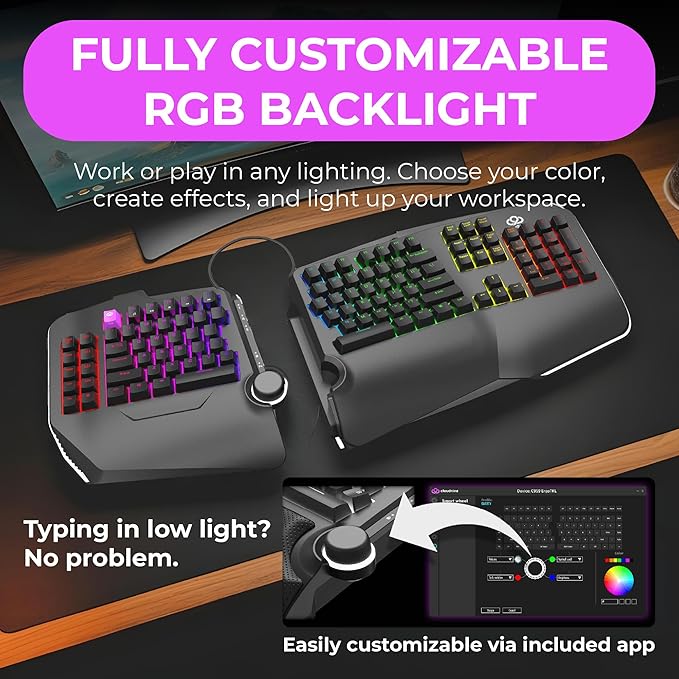 Cloud Nine C989M Ergonomic Mechanical Keyboard for PC - Kailh Tactile Brown Switches - RGB Light Up LED Backlit with USB - Ergo Split Key Board with Macro