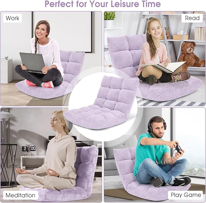 GORELAX Memory Foam Floor Chair 14-Poistion Adjustable Reading Gaming Chair Recliner Folding Cushioned Meditation Chair with Back Support Padded Lazy Sofa for Adults Kids (Light Purple)