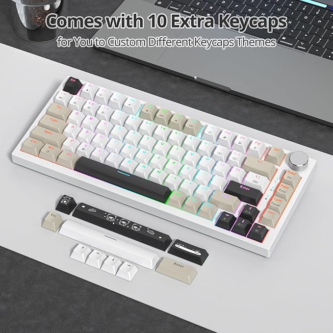 75% Mechanical Gaming Keyboard with Volumn Knob Gasket Hot Swappable RGB Wired Red Switch 82 Keys Compact Creamy (Black Grey)