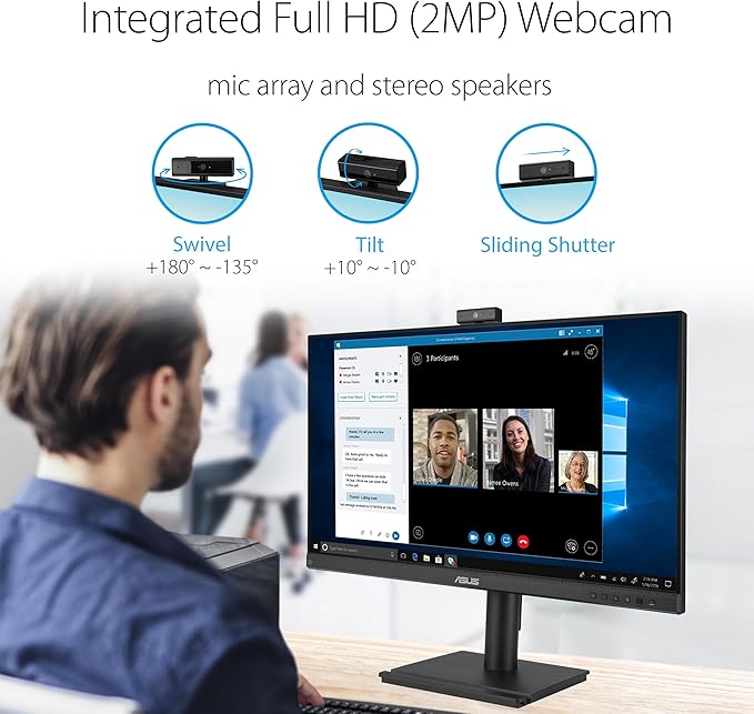 ASUS 27” 1080P Video Conferencing Monitor (BE279QFK) - Full HD IPS 100Hz Frameless Built-in Webcam Mic Array Speaker Height Adjustable Ergonomic Design Eye Care Wall Mountable 3 yr warranty