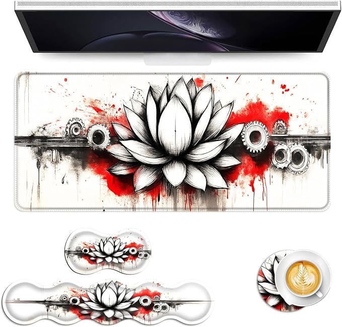 Keyboard Mouse Pad Set Extended Gaming Mouse Pad+Ergonomics Keyboard Wrist Rest Support Memory Foam Easy Typing Pain Relief 4Pcs XL Ultra Thick Desk MatLotus and Gears