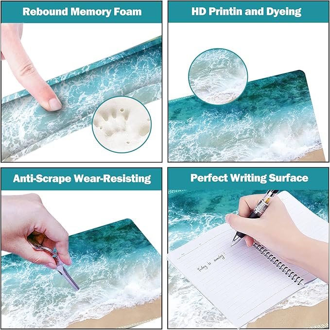 ARTSO Extended Gaming Mouse Pad Set Keyboard Wrist Rest Support Pad + Wrist Cushion + XXL Large Mouse Pad + Coaster Stitched Edge Non-Slip Memory Foam Desk Mat Beach Waves