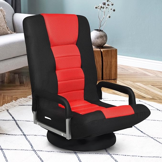 ERGOMASTER 360 Degree Swivel Video Gaming Floor Chair w/Armrests Adjustable 6-Position Folding Floor Chair Padded Backrest for Game Reading (Black/Red)