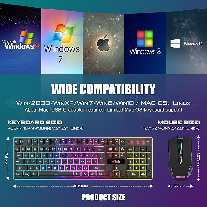 RedThunder K10 Wireless Gaming Keyboard and Mouse Combo RGB Backlight Rechargeable 3800mAh Battery 26-Key Anti-ghosting Keyboard + 7D 3200DPI Mice for PC Gamer