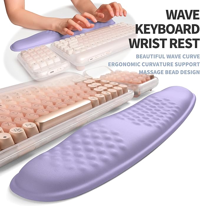 2-in-1 Ergonomic Set Wave Keyboard Wrist Rest and Massage Slope Mouse Pad Wrist Support Rebound Memory Foam for Relieve Carpal Tunnel Syndrome and Wrist Pain (Lavender Purple)
