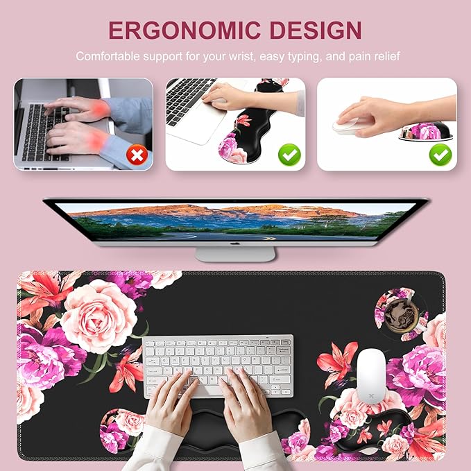 iLeadon Mouse Pad Set Desk Mat + Mouse Pad with Wrist Rest + Keyboard Wrist Rest + Coaster Mouse and Keyboard Pad Set with Stitched Edge &amp Non-Slip Base Desk Pad Mat for Work Gaming Peony Flow