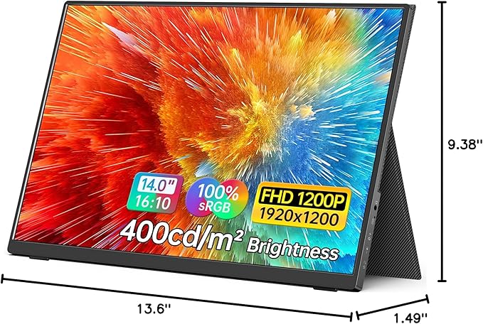 MNN Portable Monitor 14 inch FHD 1920 * 1200P USB C HDMI Ultra-Slim IPS Travel Display w/Speakers HDR Plug&ampPlay External Monitor for Laptop PC PhoneMac(400cd/m² Brightness)
