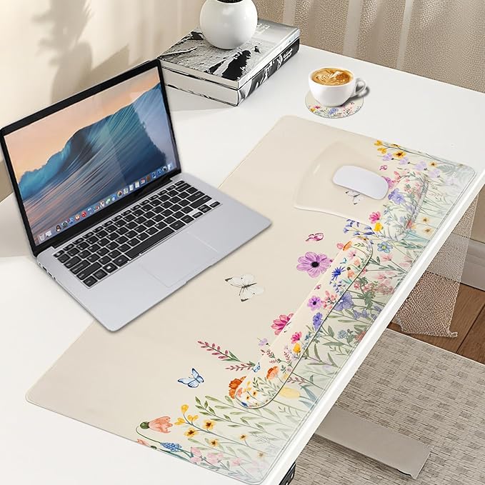 MEGREZ 4-in-1 Ergonomic Memory Foam Wrist Rest Set Desk Pad Mouse Pad with Wrist Rest Keyboard Pad Suitable for Office Workers Programmers &amp Gamers–Relieve Typing &amp Gaming Fatigue Light