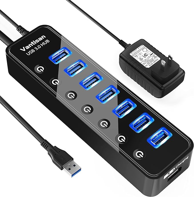 USB Hub 3.0 Powered 7 Ports USB Data Hub Splitter with One Smart Charging Port and 5V/4A Powered Adapter and ON/Off Switches for MacBook Mac Pro/Mini iMac Surface Pro Laptop/PC