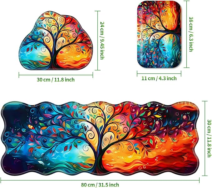 3-Piece Ergonomic Desk Mat &amp Cloud Wrist Rest Set Large 31.5 x 11.8 Wave Office Desk Pad with Memory Foam Support Non-Slip Computer Protector for Home Gaming &amp Writing Blue Red Trees